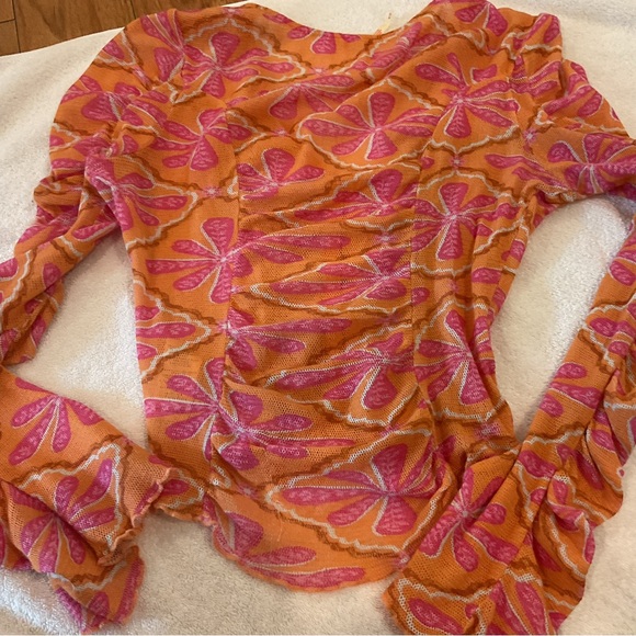 Free People Through The Meadow Mesh Blouse Top Floral Grapefruit Printed XS - Picture 12 of 12